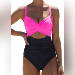 Popvil Swimsuit Tummy Control High Waist Black Pink Neon Colorblock L NWT